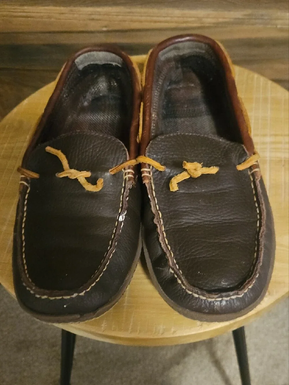 LL Bean Men's Brown Leather Moccasin Loafers with Tan Laces